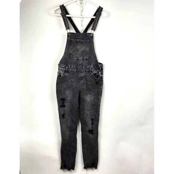 Justice Skinny Jeans Bib Overalls Black Distressed Stretch Denim Girl's Size 18 - Picture 1 of 7